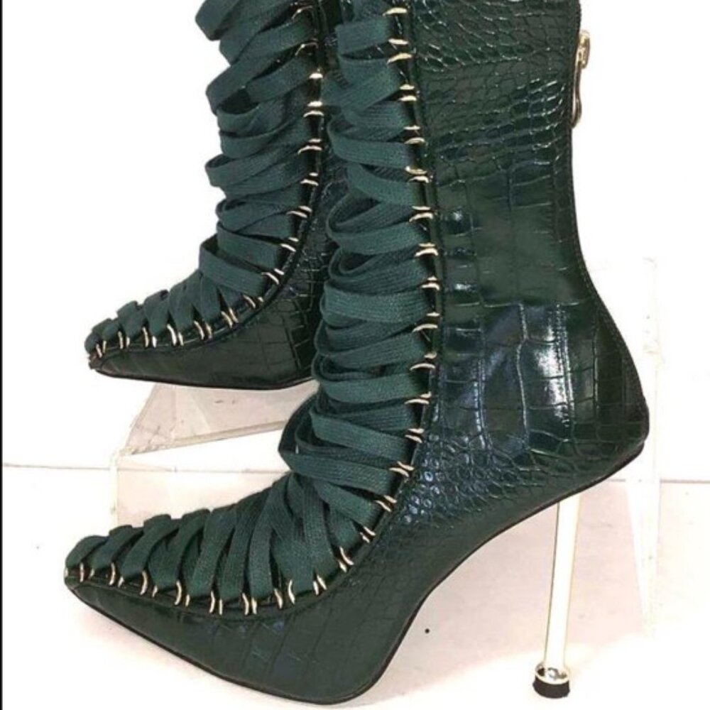 Azalea Wang Lace-Up Stiletto Boots, Size 7.5, Gold Heel, Statement Glam - Picture 3 of 6